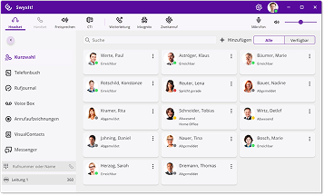 SwyxIt desktop client showing speed dial contacts and presence