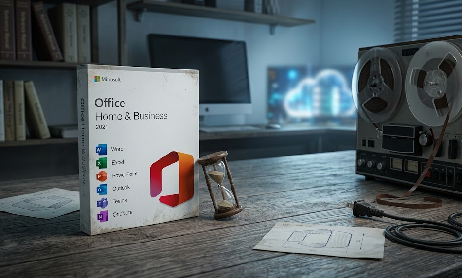 usty Office Home & Business 2021 box beside an hourglass, representing Office 2021 end of support on 13 October 2026